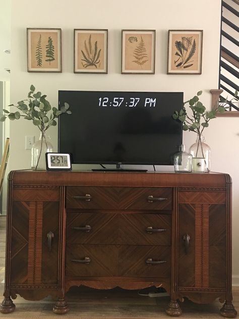 Credenza As Tv Stand, Tv On Buffet Cabinet, Tv Stand Decor Antique, Antique Dresser As Tv Stand, Traditional Living Room Tv Stand, Vintage Buffet Tv Stand, Buffet Cabinet Tv Stand, Tv Stand Dresser Living Room, Dresser Tv Stand Decor