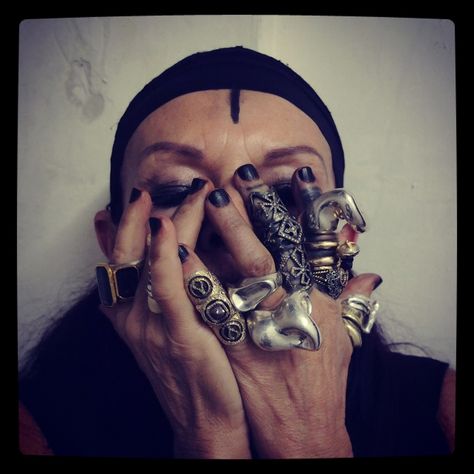 Michele Lamy wearing NINAKI jewelry Michelle Lamy, Michele Lamy, Jewelry Editorial, Advanced Style, Kate Spade Earrings, Dark Fashion, Metal Earrings, Jewelry Inspo, Rick Owens