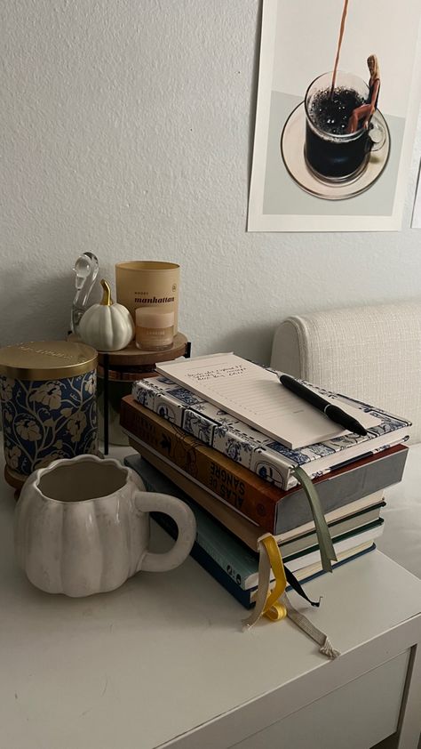 Books On Table Aesthetic, Books On Nightstand Aesthetic, Bedside Table Books Aesthetic, Cute Book Nightstand, Messy Bedside Table Aesthetic, Tiny Apartment, Mia 3, Journal Aesthetic, Dream Apartment