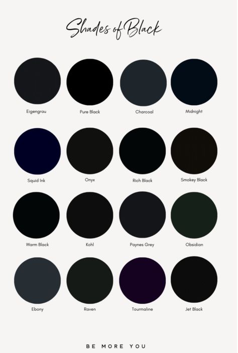 Wardrobe Color Guide, Palettes Color, Color Theory Art, Different Shades Of Black, Website Color Palette, Colour Shades, Aesthetic Color, Wardrobe Color, Black Shades