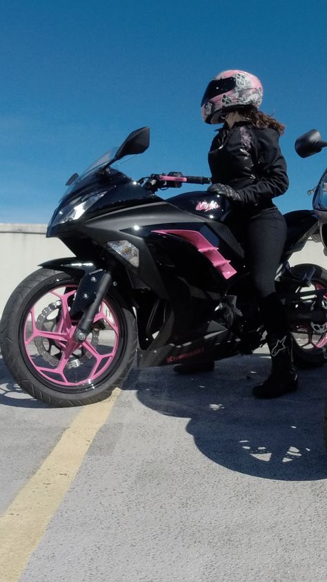 2014 ninja 300 custom pink paint job Pink Motorcycle Gear, Pink Ninja 400, Pink Kawasaki Ninja, Hello Kitty Bike, Moto Rose, Motorcycle Momma, Pink Ninja, Meta Ads, Pink Motorcycle