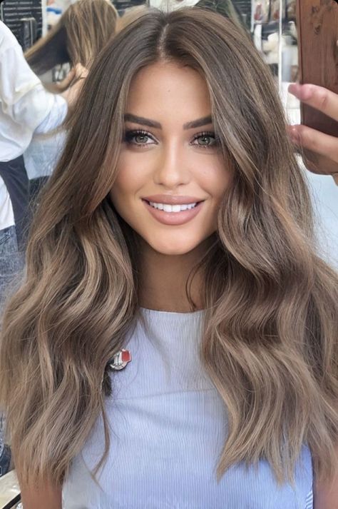 Brown With Ash Brown Highlights, Airtouch Hair Brunette, Brunette With Dark Roots, Spring Hair Trends Brunettes, Sandy Beige Brown Hair, Short Hair Balayage Curly, Biege Brown Hair Color, Light Brown Hair With Hazel Eyes, Mouse Brown Balayage