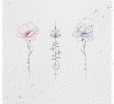 Small Lined Flower Tattoo, Cherry Blossom Tattoo With Names, Name Stem Flower Tattoo, Violet Flower Spine Tattoo, Flower With Name In Stem Tattoo, Flower Stem Name Tattoo, Names In Flower Stem Tattoo, Cherry Blossom Tattoo Minimalist, Minimalist Arm Tattoos For Women