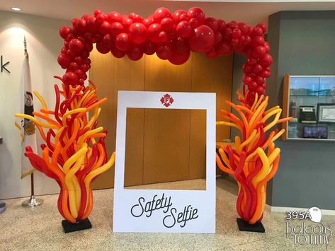 Fire Balloon Decorations, Flame Party Decorations, Fire Balloon Garland, Elemental Party Decorations, Fire Balloon Arch, Fire Fighter Decorations, Firetruck Balloon Arch, Fire Decorations Ideas, Fire And Ice Party Theme Decoration