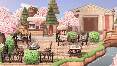 Animal Crossing Museum Cafe Ideas, Museum Cafe Animal Crossing, Acnh Small Cafe, Acnh Outside Cafe, Acnh Cafe Build, Acnh Museum Cafe, Acnh Cafe Designs Outdoor, Acnh Cat Cafe, Gallery Acnh