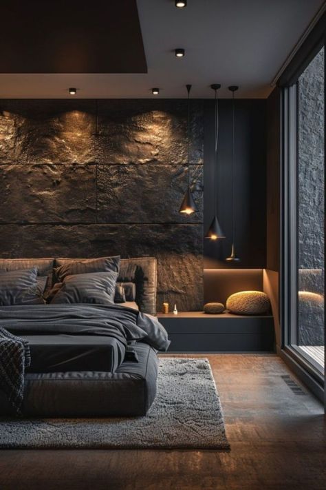 Dark Bedroom Inspo Cozy, Dark Zen Bedroom, Modern Cosy Bedroom, Dark Interiors Bedroom, Modern Bedroom Dark, Moody Modern Bedroom, Modern Moody Bedroom, Modern Dark Bedroom, Dark Modern Bedroom