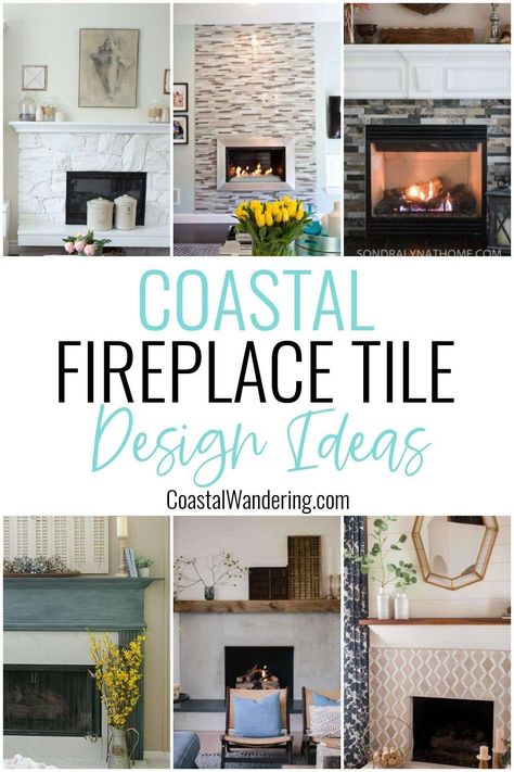 Nothing says cozy quite like a fireplace. Take your inspiration from coastal decor and make it stunning with these fireplace tile ideas. Coastal Stone Fireplace Ideas, Beachy Fireplace Tile Ideas, Beach Cottage Fireplace Ideas, Beach Fireplace Mantel, Costal Farmhouse Fireplace, Beach Theme Fireplace, Fireplace Makeover Coastal, Fireplace Coastal Decor, Coastal Cottage Fireplace Ideas