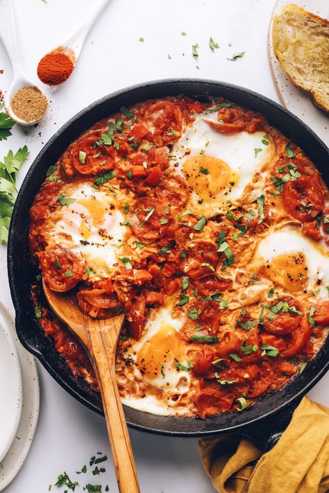 Easy Shakshuka (with Fresh or Canned Tomatoes) Shakshuka With Fresh Tomatoes, Fresh Tomatoes Recipes Dinners, Individual Shakshuka, Healthy Breakfast Recipes Savory, Bruschetta Eggs, Tomato Breakfast Recipes, Cherry Tomato Breakfast, Recipes With Canned Tomatoes, Potato Shakshuka