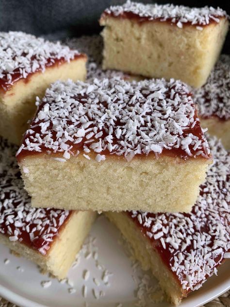 Cheap Traybake Recipes, Honeymoon Slice Traybake, Coconut Jam Cake, Jam And Coconut Tray Bake, Coconut And Jam Cake, Coconut Traybake Recipes, School Tray Bake, Traybake Cake Recipes, Tray Bakes Cakes