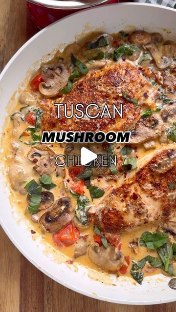 Lorraine on Instagram: "So it’s European Mushroom day today and I have stepped  into my Domestic Goddess Era making this creamy Mushroom Tuscan Chicken for date night with @europeanmushrooms. We prefer to eat in this time of year and I’m always looking for new dinner ideas that feel like having restaurant quality meals at home and this one will def impress whoever you are cooking for😉

What you need:
1 Tbsp Sundried Tomato Oil
1 Tbsp Olive Oil 
2 Chicken Breasts
1 Tsp Paprika
1 Tsp Garlic Granules
1 Tsp Onion Salt
1 Tsp Oregano 
300g Mushrooms(I used button & chestnut)
Knob of Butter
1 Shallot 
1 Tsp Minced Garlic 
100g Cherry Tomatoes
2 Tbsp Sun-Dried Tomatoes 
200g Baby Spinach 
250ml Double Cream 
Parmesan Cheese
Fresh Basil

What to do:
In a large pan add oil and cook chicken seasoned Chicken Delight Recipe, Chicken Spinach Mushroom, New Dinner Ideas, Sundried Tomato Recipes, Tomato Oil, Delight Recipes, Food Substitutions Healthy, New Dinner, Main Entrees