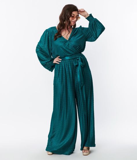 Teal Satin Textured Jumpsuit - Unique Vintage - Womens, BOTTOMS, ROMPERS AND JUMPSUITS Hourglass Silhouette, Plus Size Romper, Eve Outfit, Guest Attire, Wedding Attire Guest, New Years Eve Outfits, Plus Size Vintage, Velvet Fashion, Plus Size Wedding