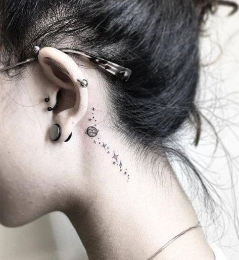 Tattoos Behind The Ear, Behind The Ear Tattoos, Planet Tattoo, Behind Ear Tattoos, Ear Tattoos, Galaxy Tattoo, Muster Tattoos, Inspiration Tattoos, Tiny Tattoo