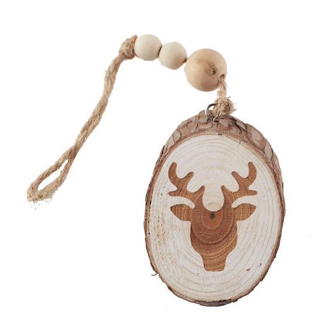 Rustic Wood Slice Deer Ornament. With a natural dimension and texture, this Rustic Wood Slice Deer Ornament will be a great addition to your winter displays!    This woodland bauble will add a rustic touch to any style of Christmas tree. Use it to embellish a wreath or garland. Go beyond the traditional ornament and add a twist to your gift wrapping this year by tying it to your gift package.    It comes ready-to-hang on a twine cord.    Because this is a natural product, there may be some slight discoloration, cracks, splits and variations in size. Each individual ornament will be unique in its own way, and no two will be identical.    Made of wood. Wood Disc Ornaments, Winter Displays, Wood Slice Christmas, Winter Holiday Crafts, Traditional Ornaments, Deer Ornament, Rustic Ornaments, Wood Disc, Factory Direct Craft