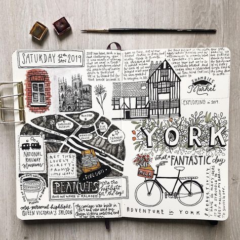 Helen C Stark on Instagram: “Our adventures in York last week. What are you up to this Saturday? ✨ { I apologise to those who kindly voted to keep this page black&white…” New York Journal, Travel Journal Scrapbook, Travel Art Journal, Travel Sketchbook, Bulletin Journal Ideas, Sketch Journal, Urban Sketch, Passport Photo, Notebook Ideas