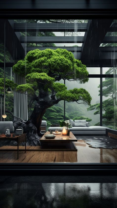 Creating a Zen Interior: Transform Your Home into a Serene Sanctuary - DGV Architecture Home With Tree Inside, Zen Architecture Design, Futuristic Japanese Architecture, Zen Indoor Garden, Indoor Zen Garden Ideas Living Rooms, Indoor Trees Architecture, House With Tree Inside, House Trees Indoor, Dark Meditation Room