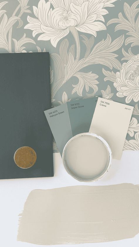 Sw March Wind Paint, Copper And Teal Homestyling, Sherwin Williams Still Water Coordinating Colors, Cottagecore Paint Colors Sherwin Williams, Blue Green Powder Room, Peach And Gray Bathroom, Dark Green And White Color Palette, Linen Colored Walls, Natural Color Palette Living Room