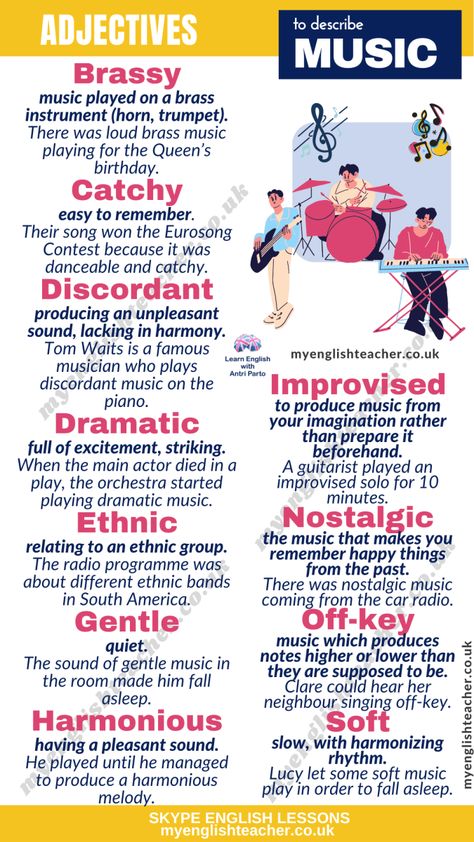 23 Adjectives to Describe Music Improve English Writing, Music Vocabulary, Upbeat Music, English Spoken, Study English, English Phrases Idioms, Improve English, Conversational English, English Vocab