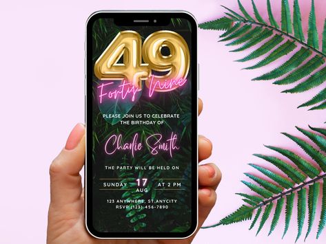 Digital 49th Birthday Party Invitation Template, Neon Pink Tropical theme invite, Phone Invite, Pink Tropical, Virtual Invitation, Evite by WhimsicalThingsInc on Etsy Phone Text Message, Virtual Invitations, 49 Birthday, Text Edit, 24th Birthday, 29th Birthday, Birthday Party Invitation Templates, Pink Tropical, Facebook Event