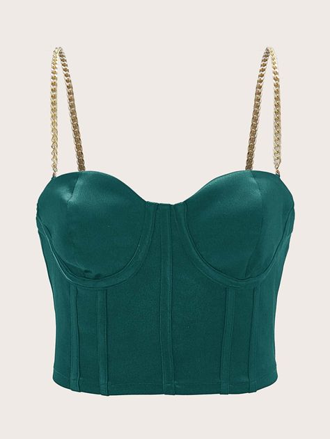 Backless Cami Top, Satin Bustier, Back Chain, Corset Tops, Blue Corset, Satin Crop Top, Teal Blue Color, Women Tank Tops, Green Top