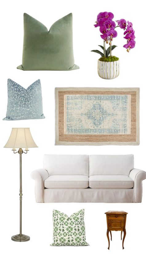 Blue and Green Living Collection #interiordesign #homedecor Green And Blue House Interior, Green And White Apartment, Blue And Green Interior Design, White Couch Living Room, Girly House, Nancy Myers, Office Green, Living Room Transformation, White Apartment