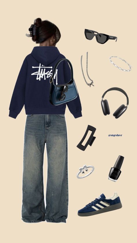 navy stussy hoodie adidas handball spezial sunglasses outfit inspo streetwear casual style 90s vintage aesthetic College Hoodie Outfit, Ootd Hoodie, Stussy Clothing, Street Style Outfits Casual, Stussy Hoodie, Outfit Inso, Outfit Inspo Casual, College Hoodies, Paris Outfits