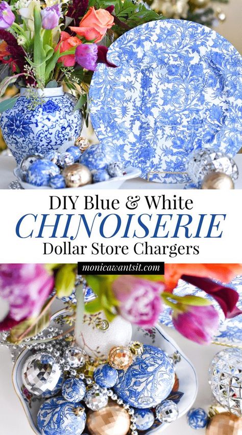 Blue And White Chinoiserie Tablescapes, Chinoiserie Diy Ideas, Fall Blue And White Decor, How To Paint Chinoiserie Diy, Blue And White Chinoiserie Decor, Blue Willow Tablescapes, Chinoiserie Crafts, Blue Willow Christmas, Chinoiserie Table Decor