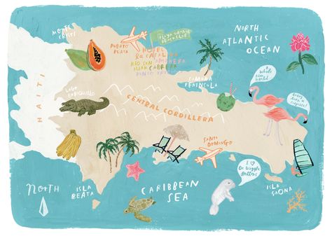 Dominican Republic Illustrated Map Dominican Republic Map, Santo Domingo Dominican Republic, Pink Party Theme, Republic Pictures, Lettering Illustration, Etiquette Vintage, Beach Events, Beach Theme Decor, Book Illustration Art