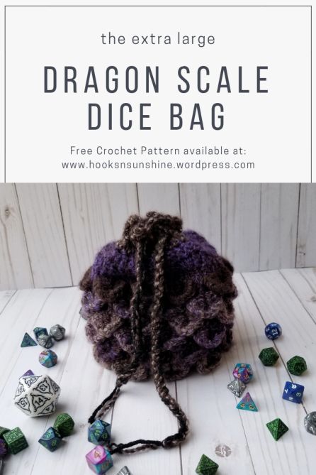 Extra large crochet dragon scale dice bag pattern now available! #crochet #dicebag #dragon Dragon Scale Crochet Bag, Crochet Dragon Scale Bag, Dragon Scale Dice Bag Crochet Pattern, Free Dice Bag Pattern, Larp Crochet Patterns, Crochet Dragon Bag, Dragon Scale Crochet Pattern Free, Crochet Dnd Dice Bag, Dragonscale Crochet