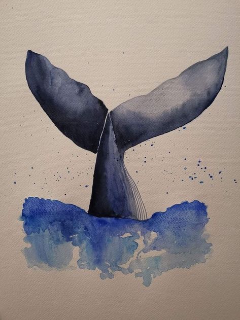 Whale In Ocean Drawing, Whale Drawing Watercolor, Aesthetic Whale Drawing, Watercolor Whale Easy, Cute Whale Painting, Ocean Drawing Watercolor, Cute Whale Art, Watercolor Painting Beginner, Ocean Watercolor Art