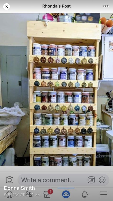 Pottery Studio Organization Ideas, Pottery Shed Ideas, Ceramic Studio Organization, Glaze Organization, Basement Pottery Studio, Pottery Studio Organization, Pottery Studio Shed, Tiny Pottery Studio, Ceramic Studio Layout