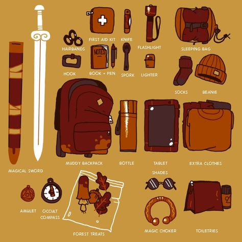 Adventure Pack Drawing, Character Inventory Art, Inventory Illustration, Inventory Drawing, Oc Inventory, Adventure Clothes Fantasy, Adventurer Oc, Fantasy Adventurer Outfit, Character Inventory