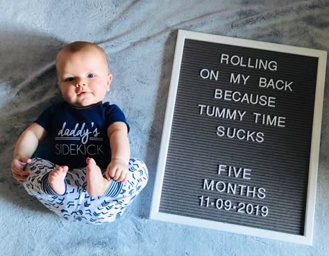 Baby letter board- tummy time sucks board- five months Five Month Letter Board, 4 Month Old Letter Board Ideas, Five Month Baby Photoshoot, 2 Month Letter Board Ideas, 5 Months Birthday, 5 Month Milestones Pictures, Five Months Baby Photography, Baby Letter Board Ideas, Letter Board Baby