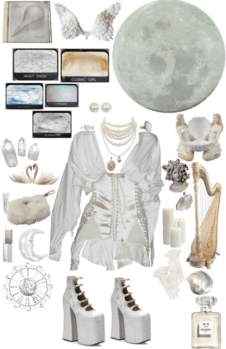 Mercury Aesthetic Outfit, Space Outfit Aesthetic Drawing, Solar Eclipse Outfit Ideas, Moon Witch Outfit, Light Witch Outfit, Moon Girl Aesthetic Outfits, White Witch Outfit, Moon Outfit Ideas, Moon Outfit Aesthetic