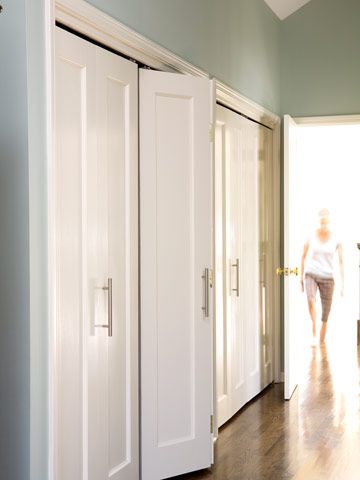 love the wall colour, love the floor stain, love the simple shaker doors...love what looks like Ikea kitchen door handles! Makes me miss our awesome custom closets in our old master - priority #1 for our new bedroom Ikea Kitchen Doors, Folding Closet Doors, Closet Door Handles, Closet Door Makeover, Hallway Closet, Bifold Closet Doors, Kitchen Door Handles, Shaker Doors, Hall Closet