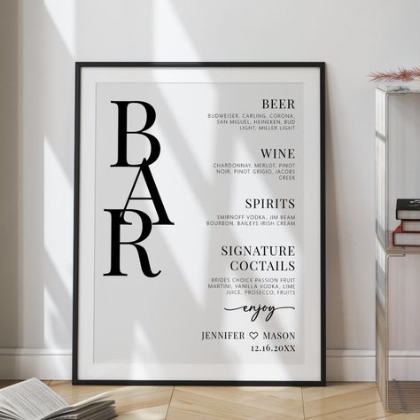 Diy Wedding Bar Sign, Diy Wedding Bar, Wedding Miscellaneous, Bride Era, Wedding Bar Menu Sign, Menu Table, Bar Menu Sign, Reception Bar, Night Time Wedding