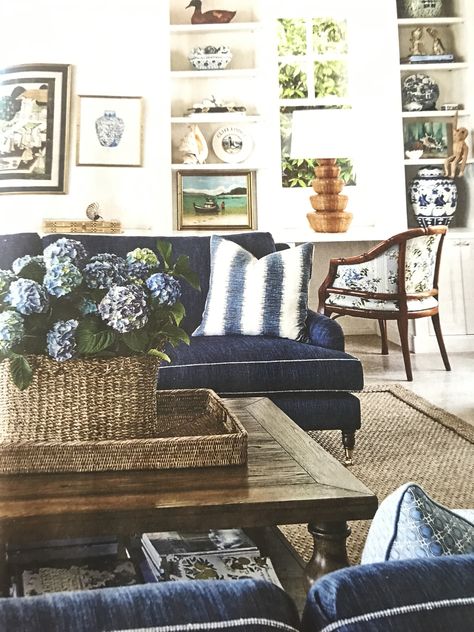 Living Room Navy Rug, Modern Farmhouse Living Room Navy Rug, Navy Couch Beach House, Ralph Lauren Living Room, Navy Wicker Furniture, Americana Living Rooms, Hampton Living Room, Navy Jute Rug, Nevy Blue Living Room Rug