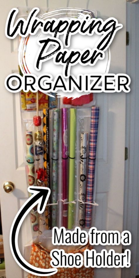 Turn an over-the-door shoe organizer into a gift wrap organizer with just a few supplies! #organize #organization #organizer #giftwrap #hacks Wrap Storage, Wrapping Paper Organization, 1000 Lifehacks, Gift Wrap Organization, Gift Wrap Storage, Paper Organizer, Dollar Store Diy Organization, Door Shoe Organizer, Dollar Store Hacks