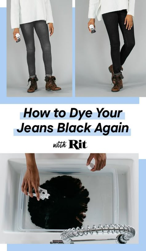 Learn how to make your jeans black again with Rit Dye. Turn an old faded pair of jeans into new with Rit. So easy and simple, you'll love the results! Dye Jeans Black, Ty Dye, Rit Dye, Dye Jeans, Faded Black Jeans, Black Clothes, Clothes Black, Simple Life Hacks, Old Jeans