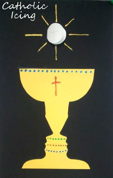 Chalice and Host craft to teach kids about the Eucharist. This is perfect for First Communion, or anytime! Check out the faces in the negative space- they are the silhouettes of the kids. :-) Countdown Chain, Catholic Icing, Liturgical Seasons, Catholic Crafts, St Valentine, Religious Crafts, Faith Formation, Catholic Kids, Religious Education