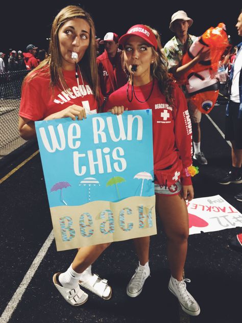 Football theme beach out Lifeguard Theme Football Game, Lifeguard Football Theme, Beach Homecoming Theme Outfit, Pool Party Football Theme Outfits, Beach Homecoming Theme, Link Crew Themes, Beach Theme Fnl, Beach Theme Outfit Spirit Week, Beach Theme Football Game