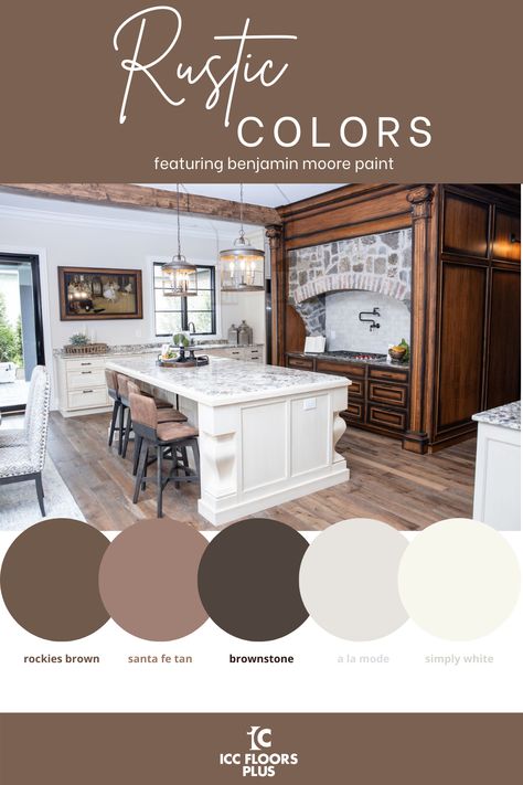 Create a charming rustic oasis with these cabin-inspired paint colors. Western Home Decor Ranch Style Paint Colors, Paint Colors That Go With Log Homes, Rustic House Colors Interior Design, Rustic Interior Color Schemes, Ranch House Paint Colors Interior, Rustic Home Wall Colors, Ranch House Color Schemes, Rustic Office Color Scheme, Rustic Brown Paint Colors