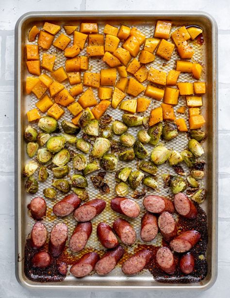 Maple Sheet Pan Sausage with Butternut Squash and Brussels Sprouts Sheet Pan Smoked Sausage, Butternut Squash Sausage, Pan Sausage, Smoked Sausage Recipes, Butternut Squash Recipes, Turkey Sausage, Sheet Pan Dinners, Smoked Turkey, Squash Recipes