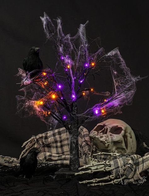 halloween decor, spiders, spooky tree, light up tree Halloween Tree Decorations, Hallowen Party, Spooky Tree, Kid Friendly Halloween, Orange Trees, Spooky Trees, Halloween Tree, Halloween Decor Ideas, Spider Webs