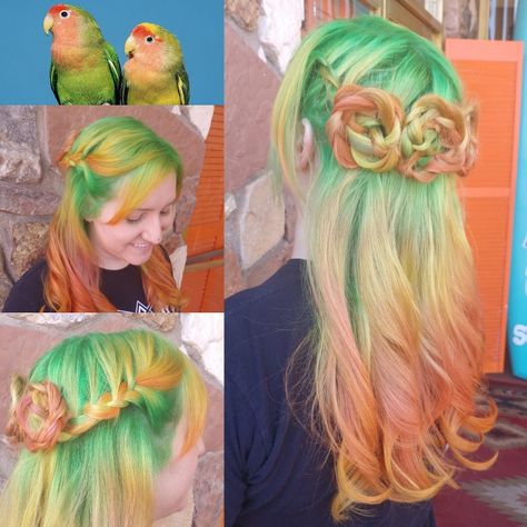 Love bird mermaid hair  Unicorn hair by Caitlin Baker Scottsdale Phoenix joico green hair choppers salon arizona green and orange ombre Peach And Green Hair, Fantasy Colors Hair, Orange Green Hair, Red And Green Dyed Hair, Orange To Green Hair, Green Orange Hair, Neon Green And Brown Hair, Ginger And Green Hair, Orange And Green Hair