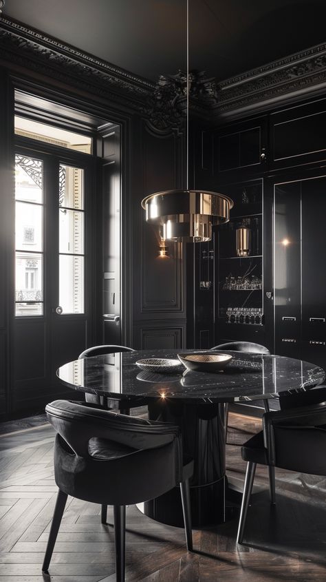 Embracing the Dark Side: Luxurious All-Black Interior Design — Living Bright Interiors Modern Goth Dining Room, Gothic Dining Room Aesthetic, All Black Interior Design, Modern Dark Restaurant Interior, Modern Dark Kitchen, Black Castle Aesthetic Interior, Fancy Dark Restaurant, Black Velvet Sofa, Black Rooms