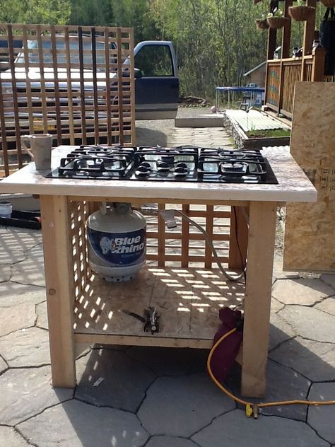 Canning Kitchen, Outdoor Grill Station, Outdoor Kitchen Countertops, Outdoor Stove, Outdoor Kitchen Appliances, Kitchen Stove, Diy Outdoor Kitchen, Backyard Projects, Outdoor Kitchen Design