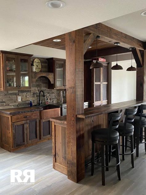 Half Wall With Bar Top, Basement Bar Around Support Beam, Rustic Bar Room Ideas, Barnwood Basement Ideas, Kitchen That Looks Like A Bar, Rustic Kitchen Bar Ideas, Wood Bar Makeover, Bar With Post, Bar Ideas For Shop