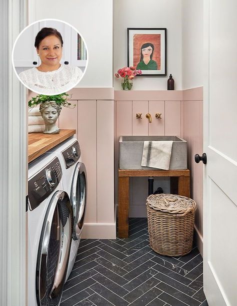 Typically hidden away from sight, the laundry is often the forgotten room and often for good reason. If a laundry renovation is at the top of your to-do list, let these pretty and practical laundry rooms inspire your design. Black Herringbone Tile, Pink Laundry, Modern Farmhouse Laundry Room, Transitional Laundry Room, Pink Laundry Rooms, Grey Laundry Rooms, Laundry Room Lighting, Bold Kitchen, Style Me Pretty Living