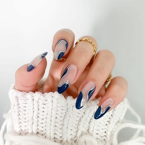 Navy And Silver Nails, Moonstone Nails, Silver French Manicure, Navy Blue Nail Designs, Dance Nails, Blue Prom Nails, Blue And Silver Nails, Hoco Nails, Silver Nail Designs