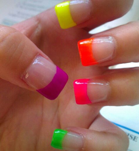 'Neon French' Nails ☻                                                                                                                                                                  ⇜•ṄεΦЙ❉€яᗛƶΣ•⇝ Colored Nail Tips, Rainbow Nail, Colorful Nails, Rainbow Nails, Nail Designs Glitter, Neon Nails, Fabulous Nails, Fancy Nails, French Tip Nails